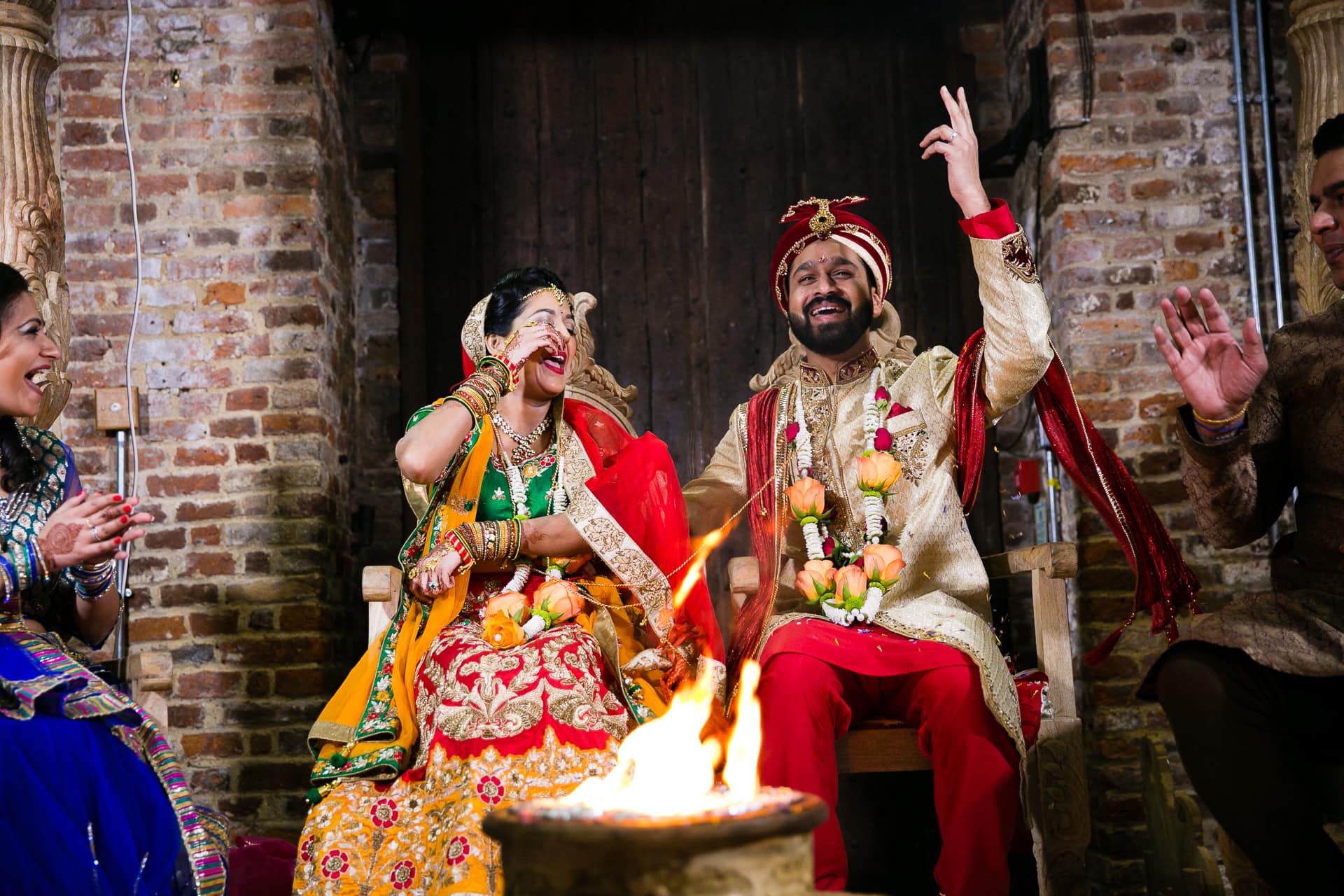 Bride and groom laughing