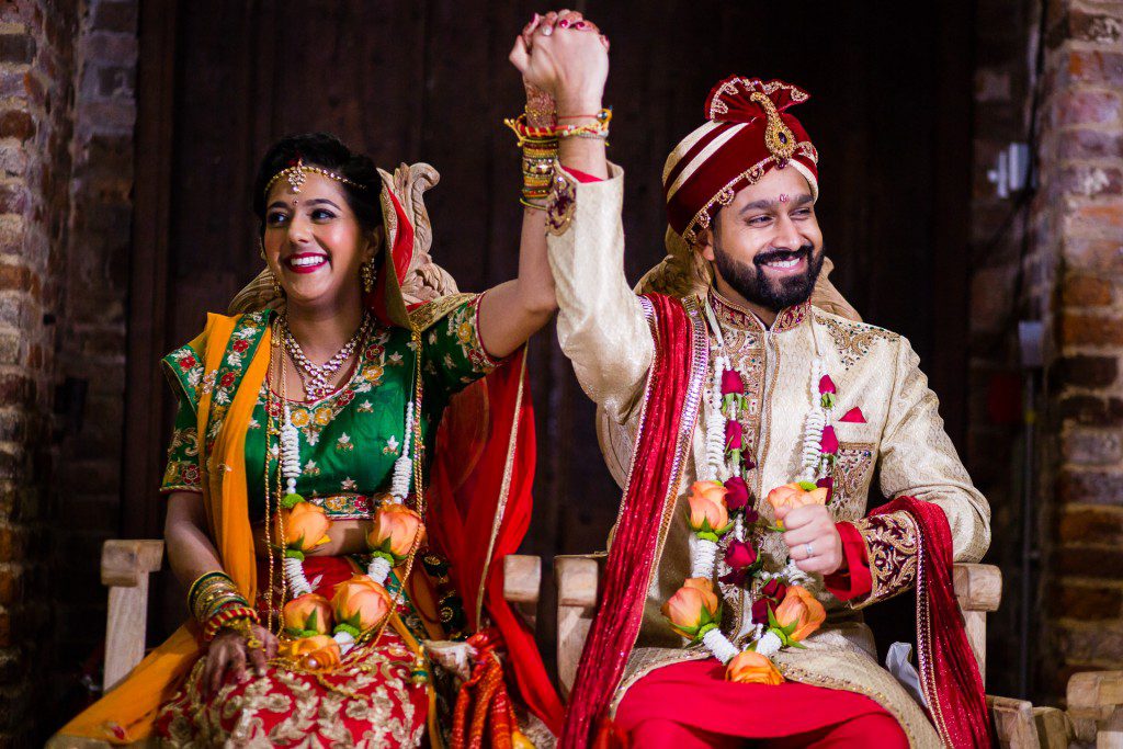 Bride and groom smiling and laughing