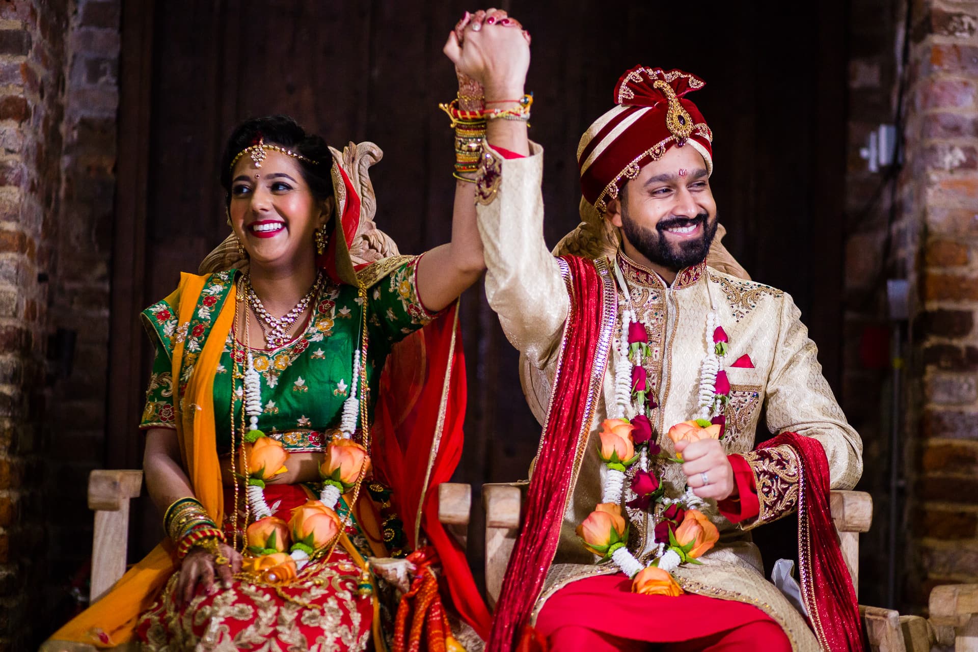 Bride and groom smiling and laughing