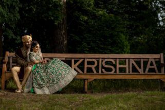 Asian bride and groom portrait at Hare Krishna Mandir, watford