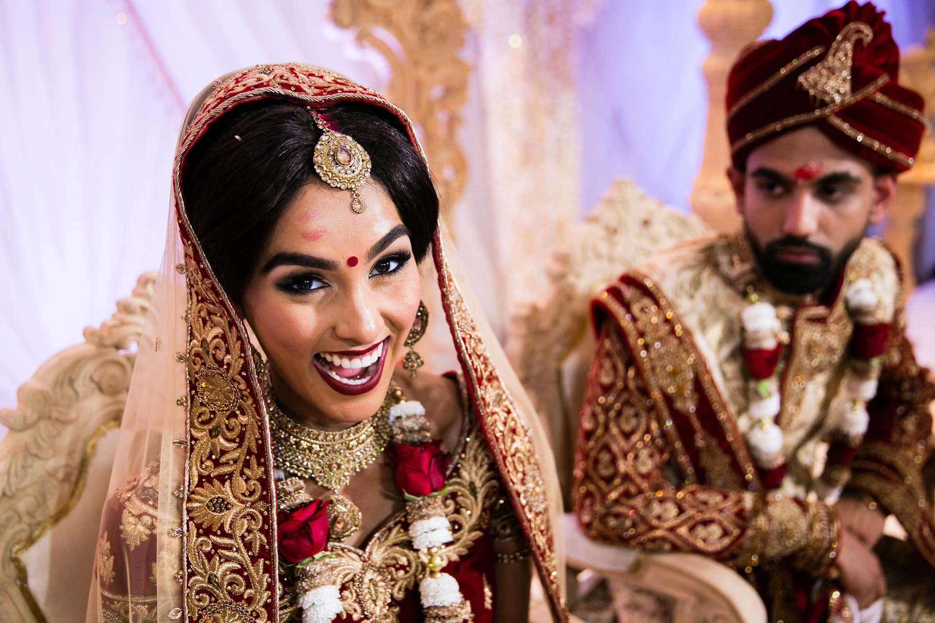 Bride with lipstick on her forehead