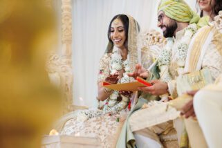 Bride and groom laughing
