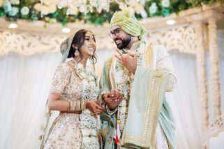 Bride and groom laughing