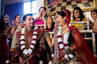 Bride and groom laughing