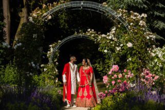 Bride and groom portrait at Hare Krishna Mandir