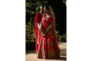 Bride and groom portrait at Hare Krishna Mandir