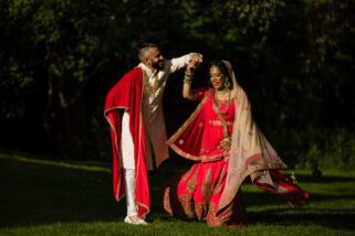 Bride and groom portrait at Hare Krishna Mandir