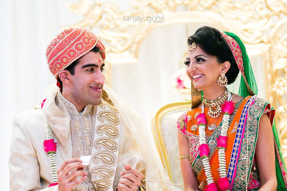 Bride and groom laughing