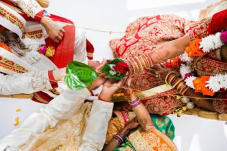 Overhead view of Kanyadhan ceremony during Hindu wedding