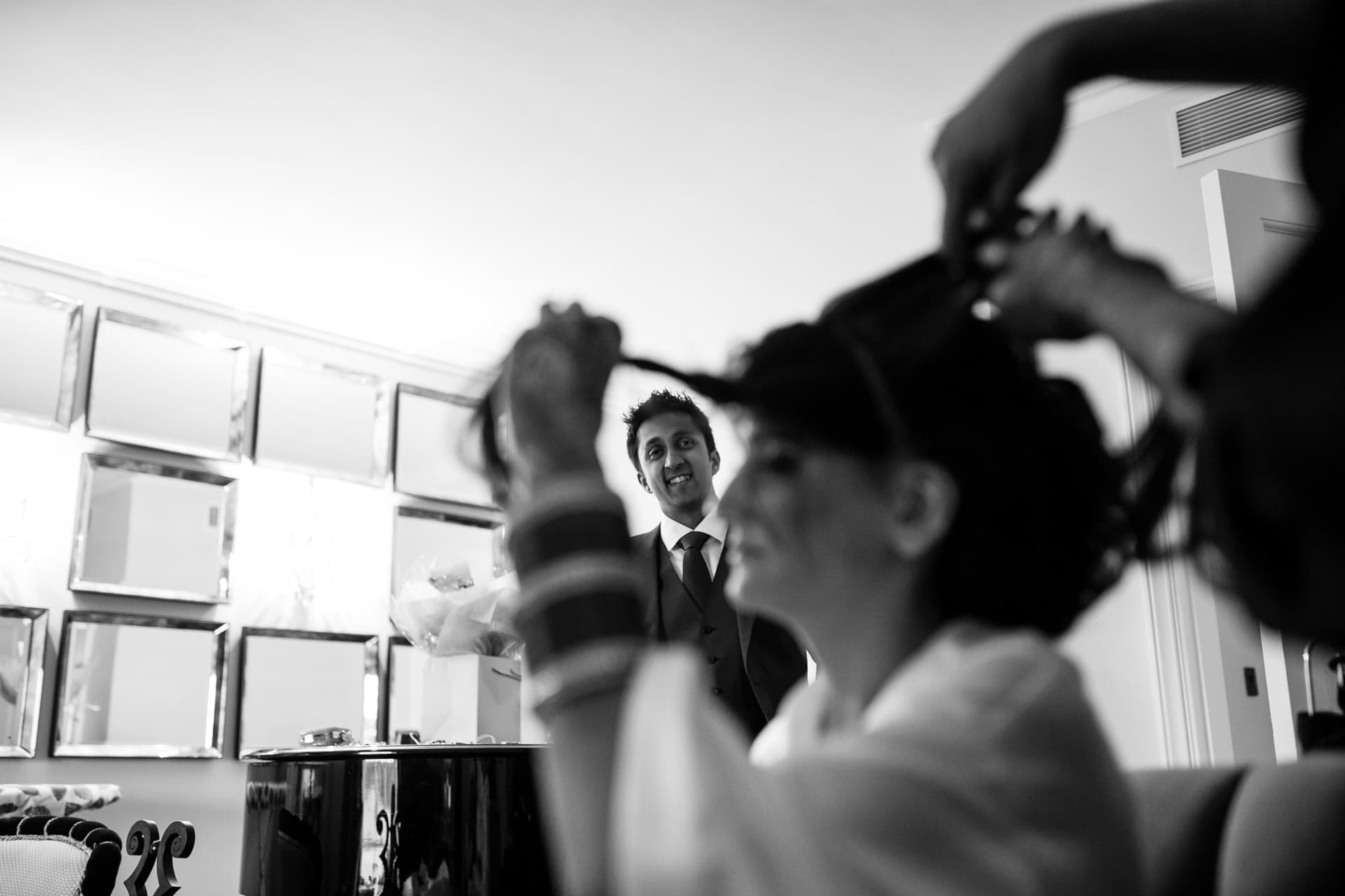 Bride and groom getting ready