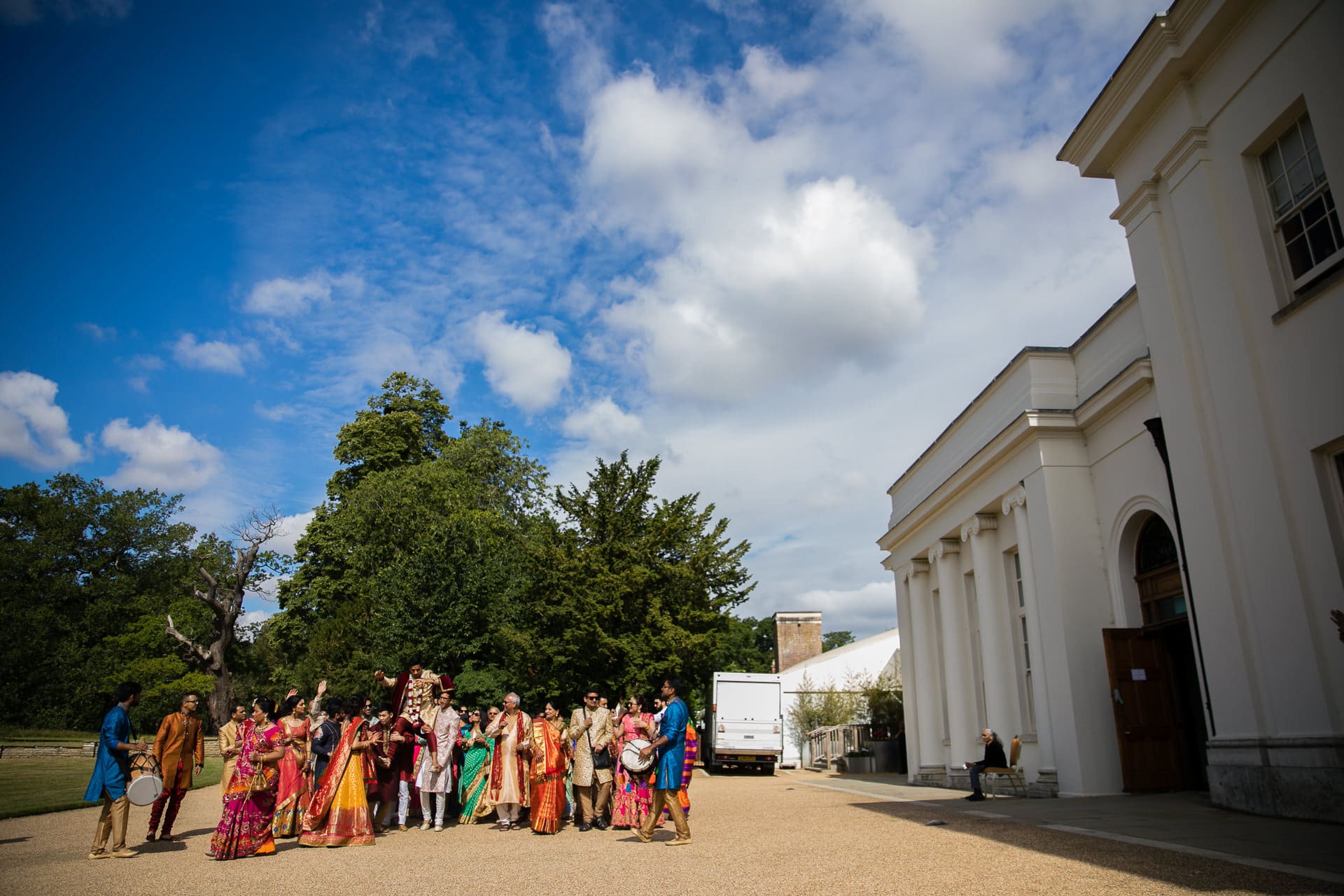 Asian wedding groom arrival at Hylands House