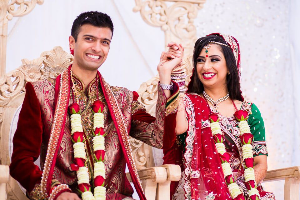 Bride and groom laughing