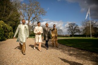 Groom arriving for wedding with best men