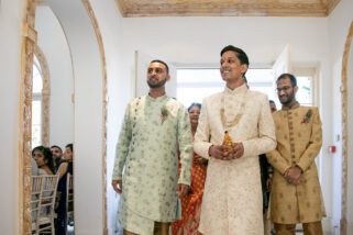 Groom arriving for wedding with best men