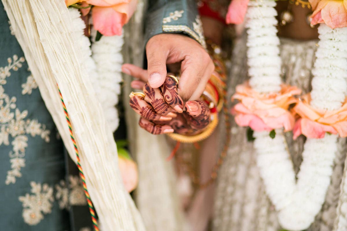 Bride and groom holding hands