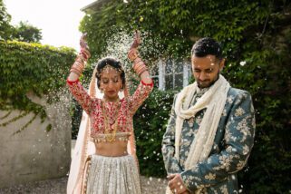 Bride throwing rice behind