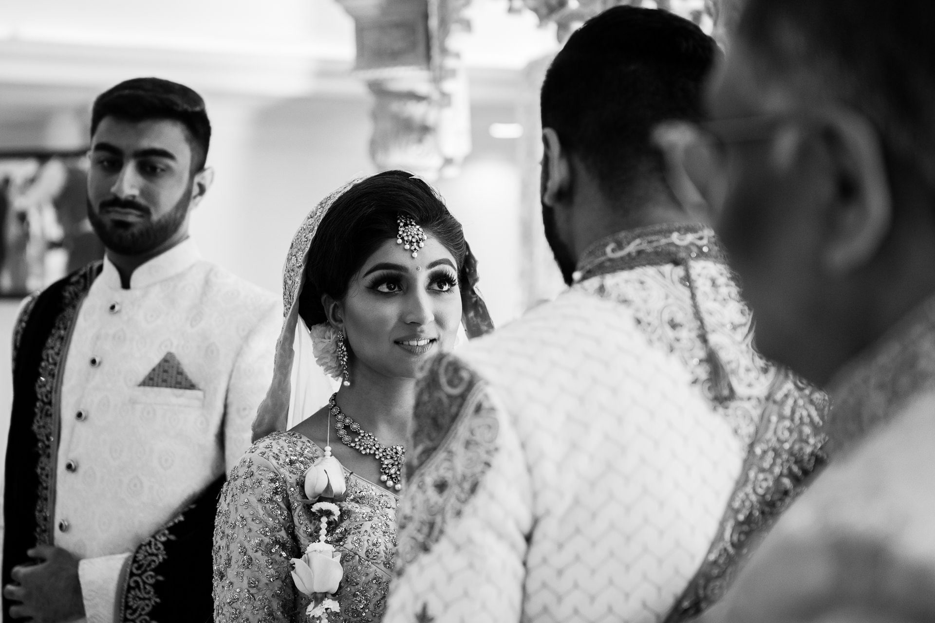 Black and white photo of bride