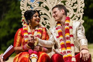 Hindu wedding couple smiling