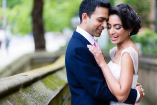 Bride and groom laughing