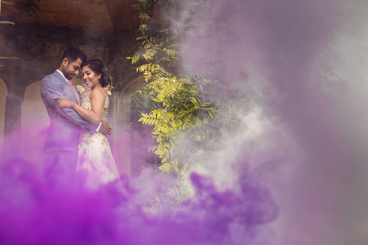 Wedding portraits with smoke bomb