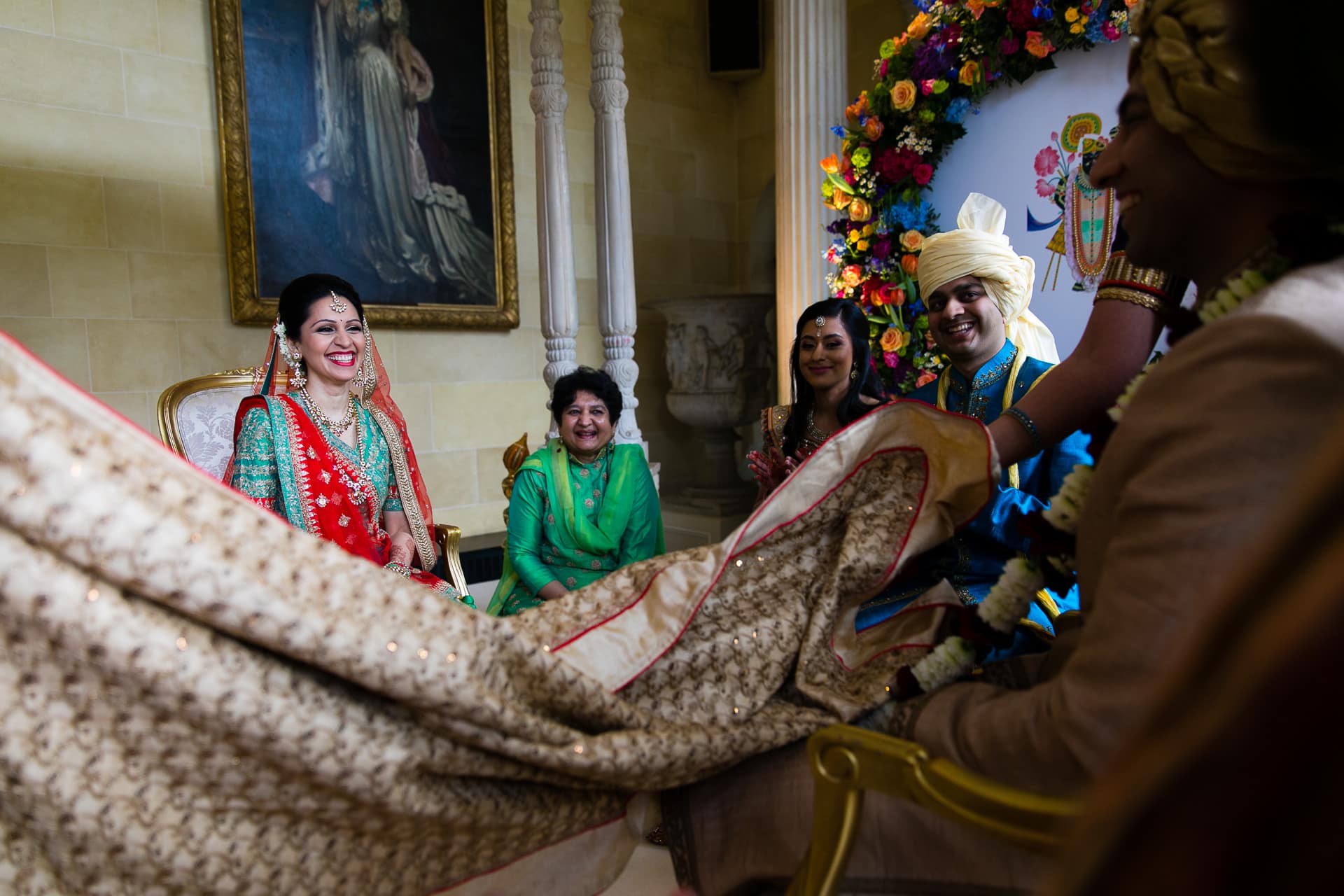 Bride's reaction to seeing the groom in the mandap