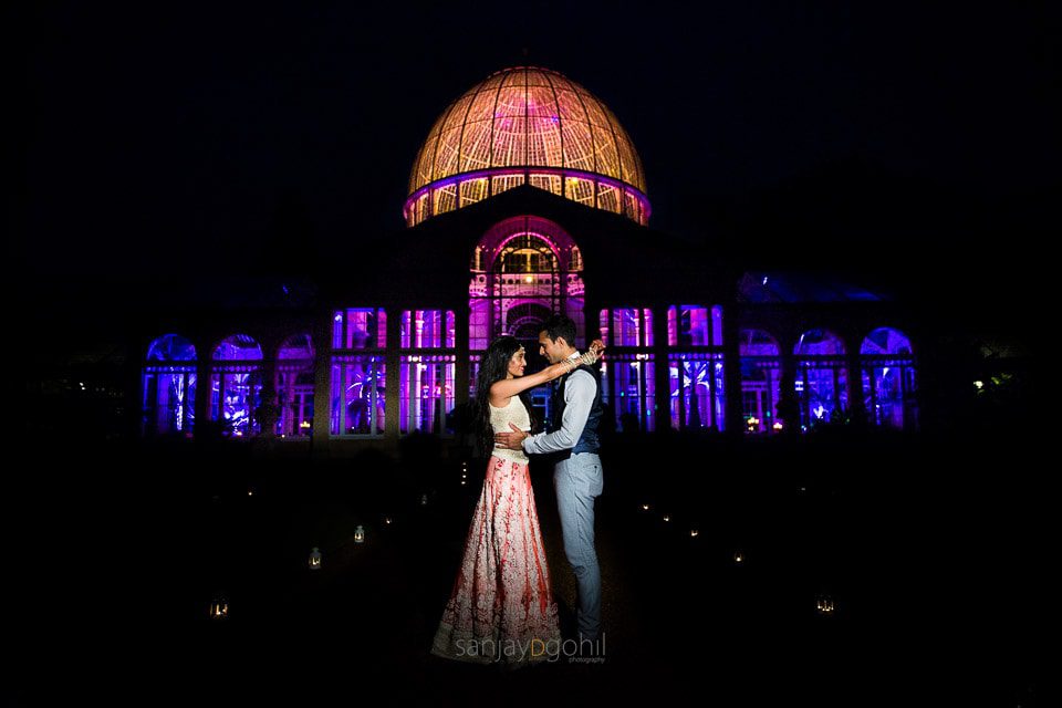 Sikh wedding couple portrait outside Syon Conservatory