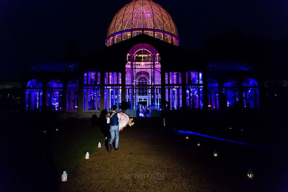 Sikh wedding couple portrait outside Syon Conservatory