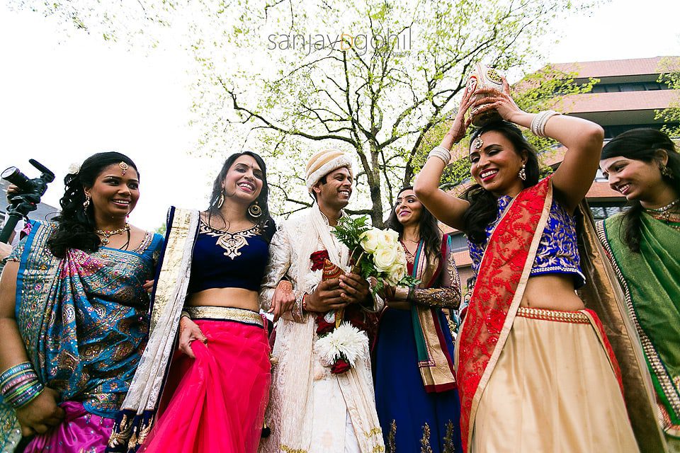 Hindu Wedding groom with Bride's sisters