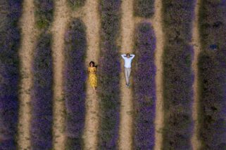 Drone portrait of couple in Lavender Field