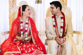 Bride and groom laughing