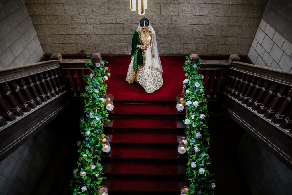 Bride walking to asian wedding at Newland Manor