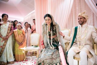 Bride and groom laughing