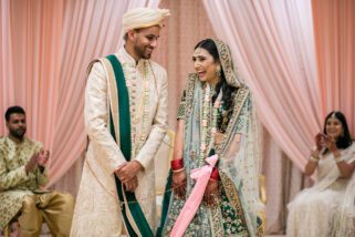 Bride and groom smiling after wedding ceremony
