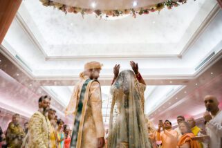 Bride throwing rice behind