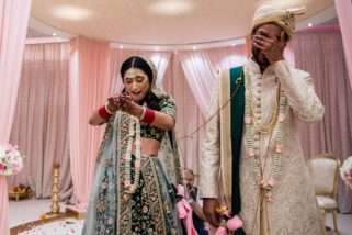 Bride throwing rice behind
