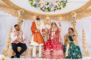Bride and groom laughing