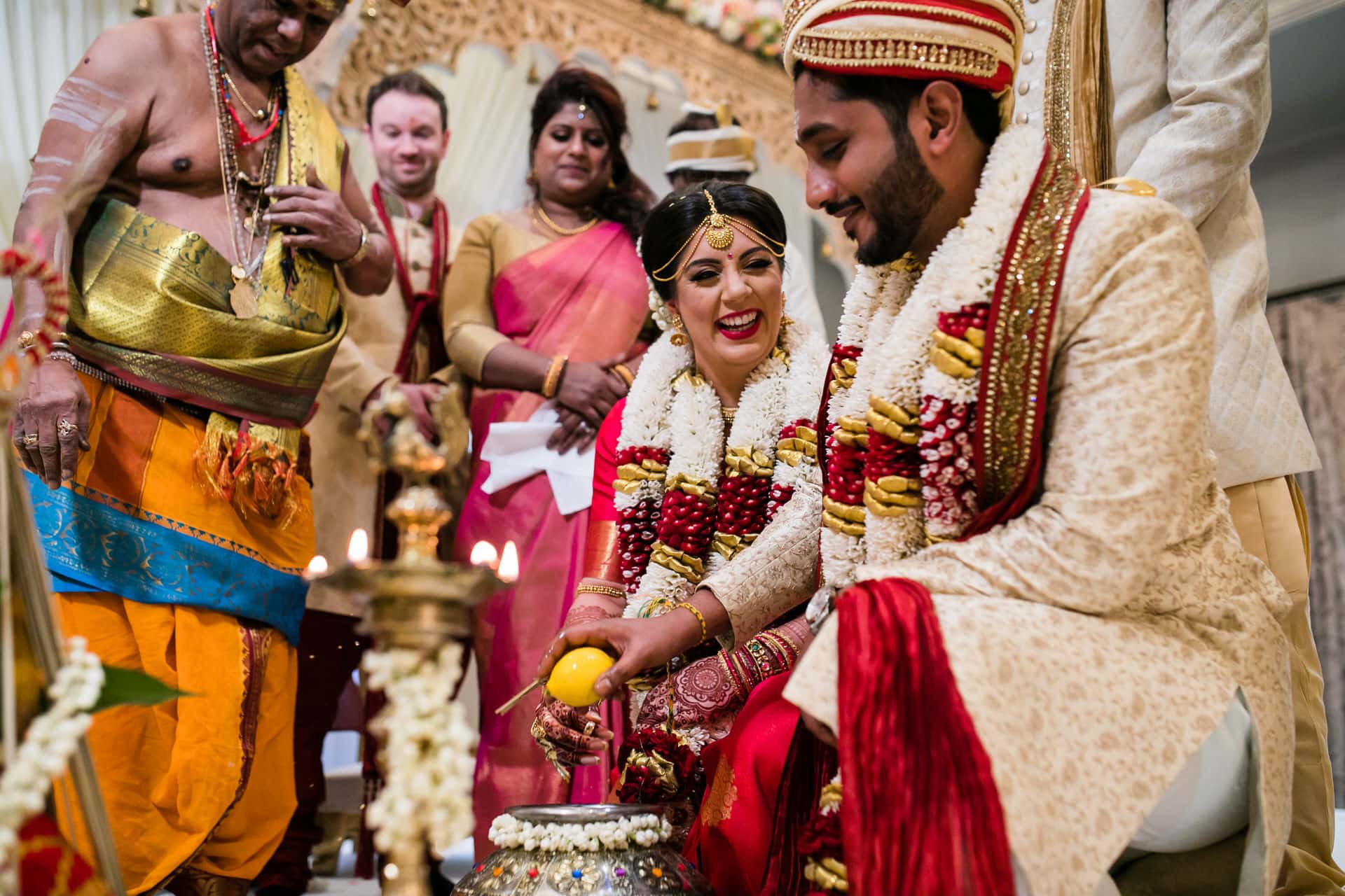 Bride and groom laughing